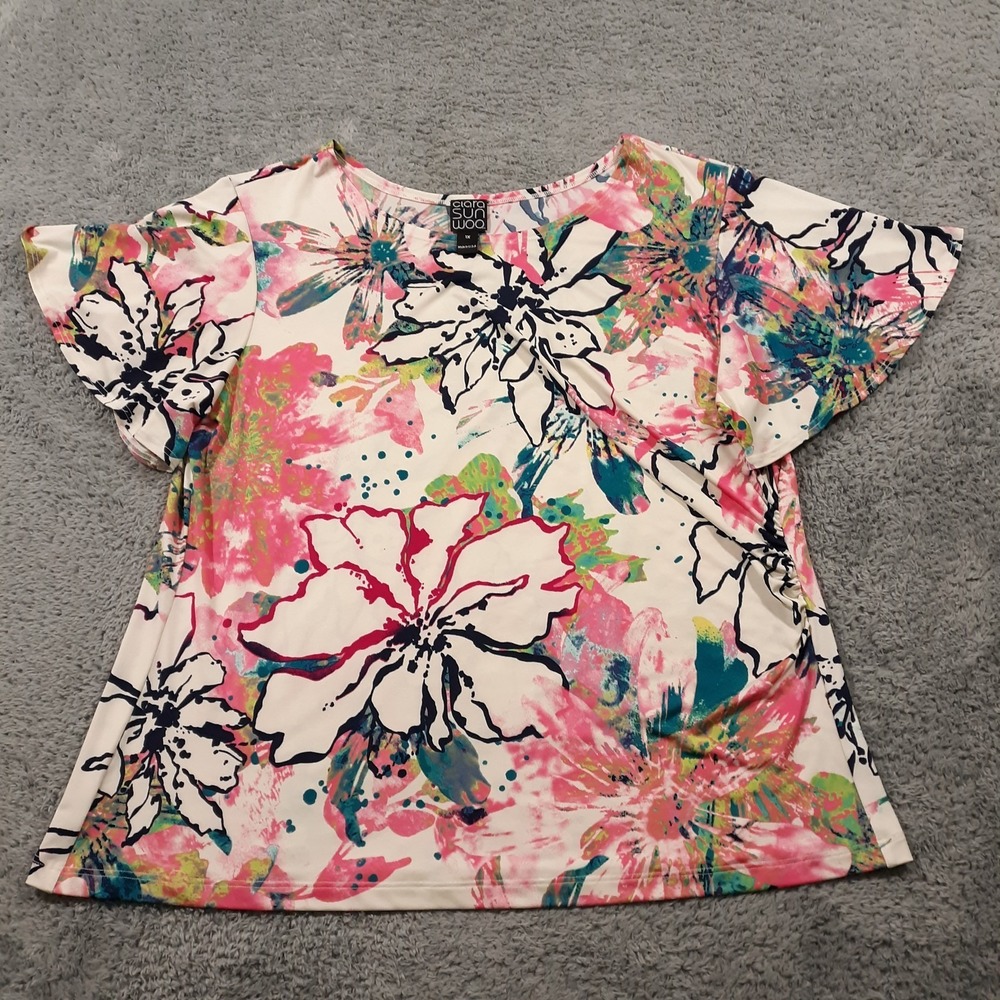 Clara Sun Woo Tunic Top Blouse Womens Size 1X Short Sleeve Floral Multicolor